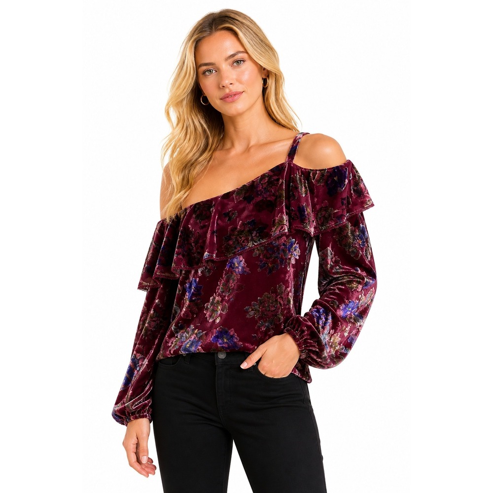 Nanette Lepore Burgundy Velvet Burnout Floral One Shoulder Ruffle Blouse XS